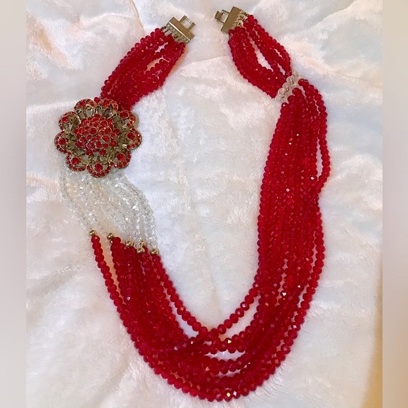 Vintage Jewelry - AMAZING 8 Strand Red Crystal Necklace WOW
